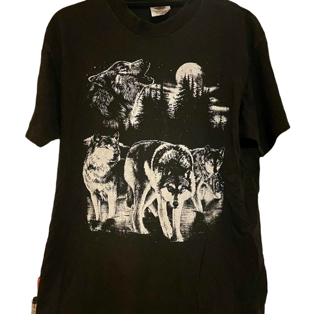 Vintage 90s Wolves at Night Nature Single Stitch Shirt Adult Large